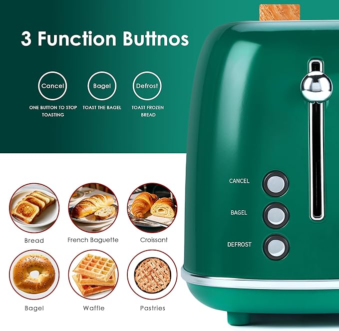 Roter Mond 4 Slice Toaster Retro Stainless Steel Toaster with Bagel, Cancel, Defrost Function and 6 Bread Shade Settings Bread Machine, Long Extra Wide Slots and Removable Crumb Tray, Green