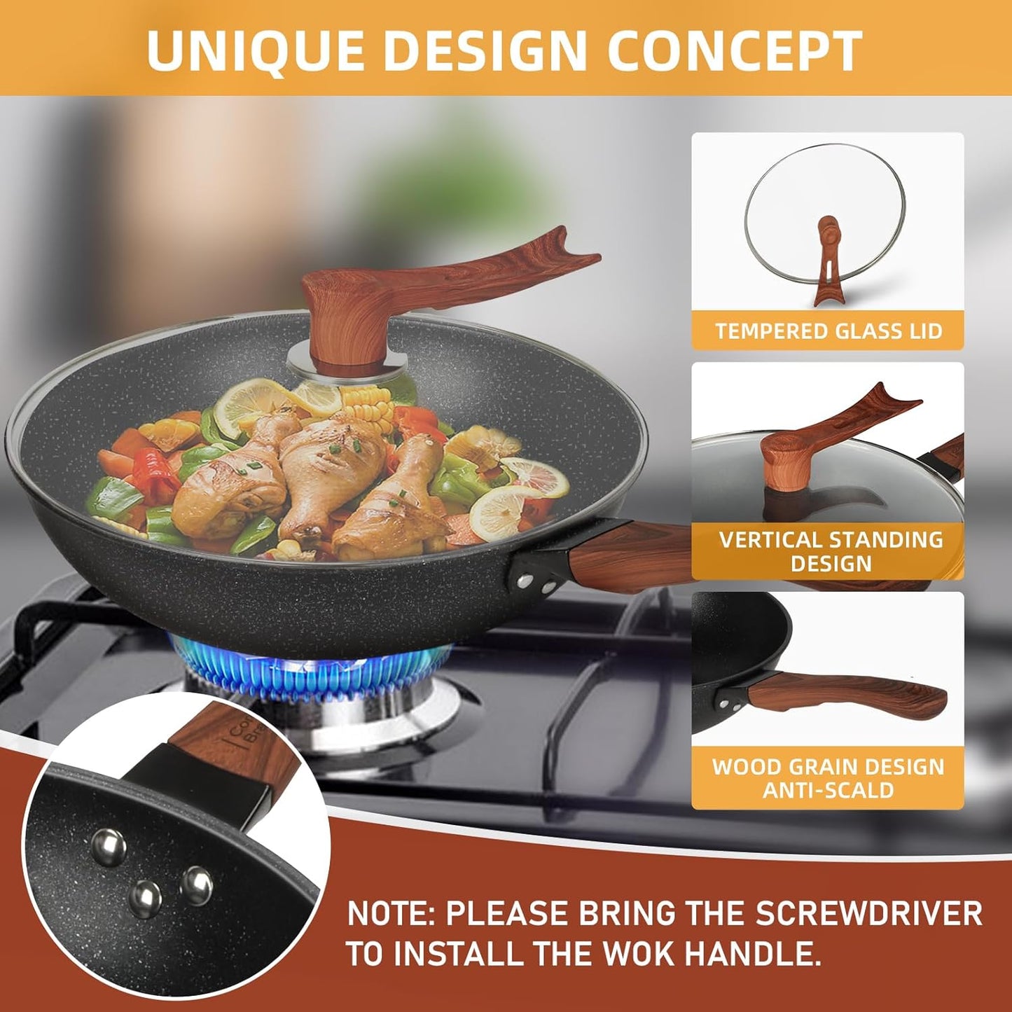 AOSION 13'' Nonstick Wok, Woks & Stir-Fry Pans Non Stick Wok with Lid and Steamer Basket Spatula Ladle, 100% PFOA Free Induction Wok Pan for Electric, Gas, Halogen, All Stoves