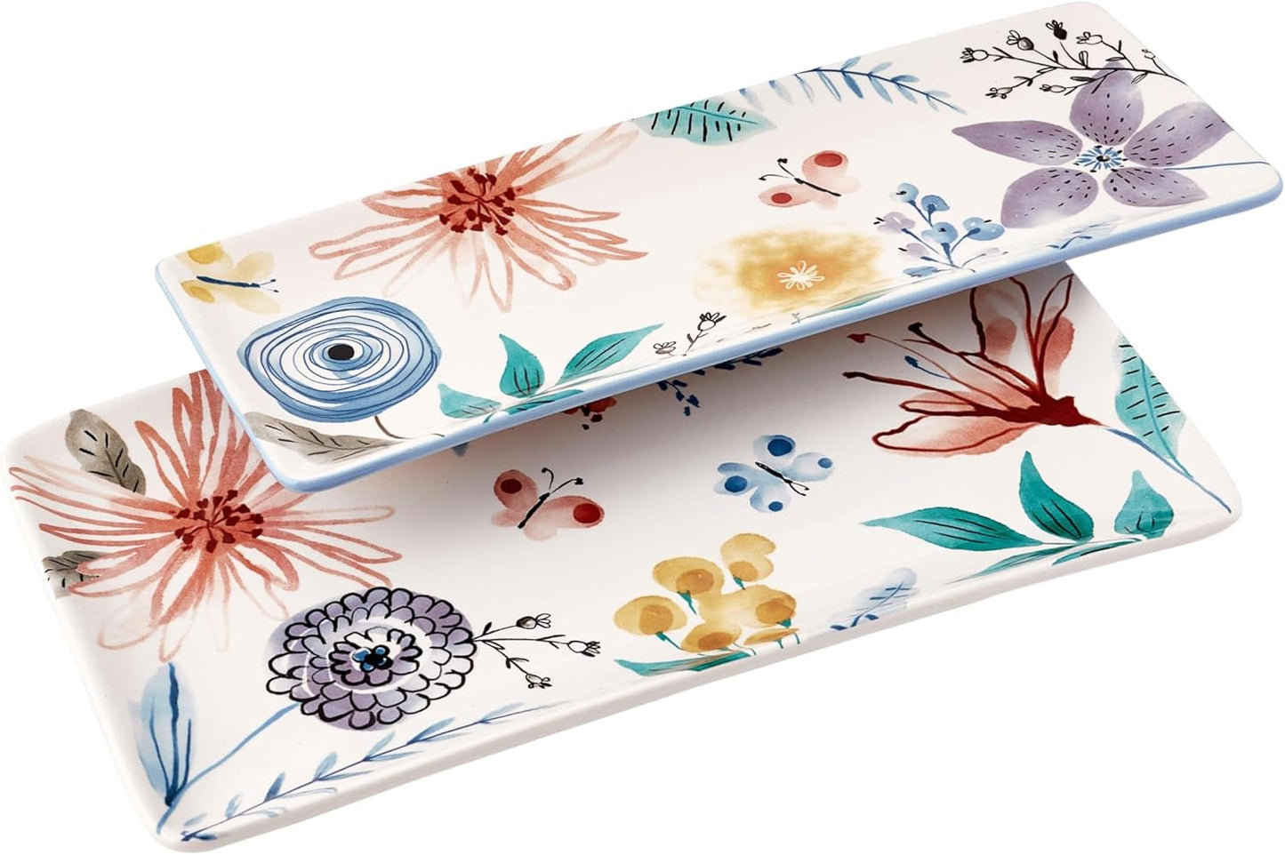 Bico Blossom Symphony Ceramic 14 inch Rectangular Serving Platter, Set of 2, for Serving Salad, Pasta, Cheese, Ham, Appetizer, Microwave & Dishwasher Safe