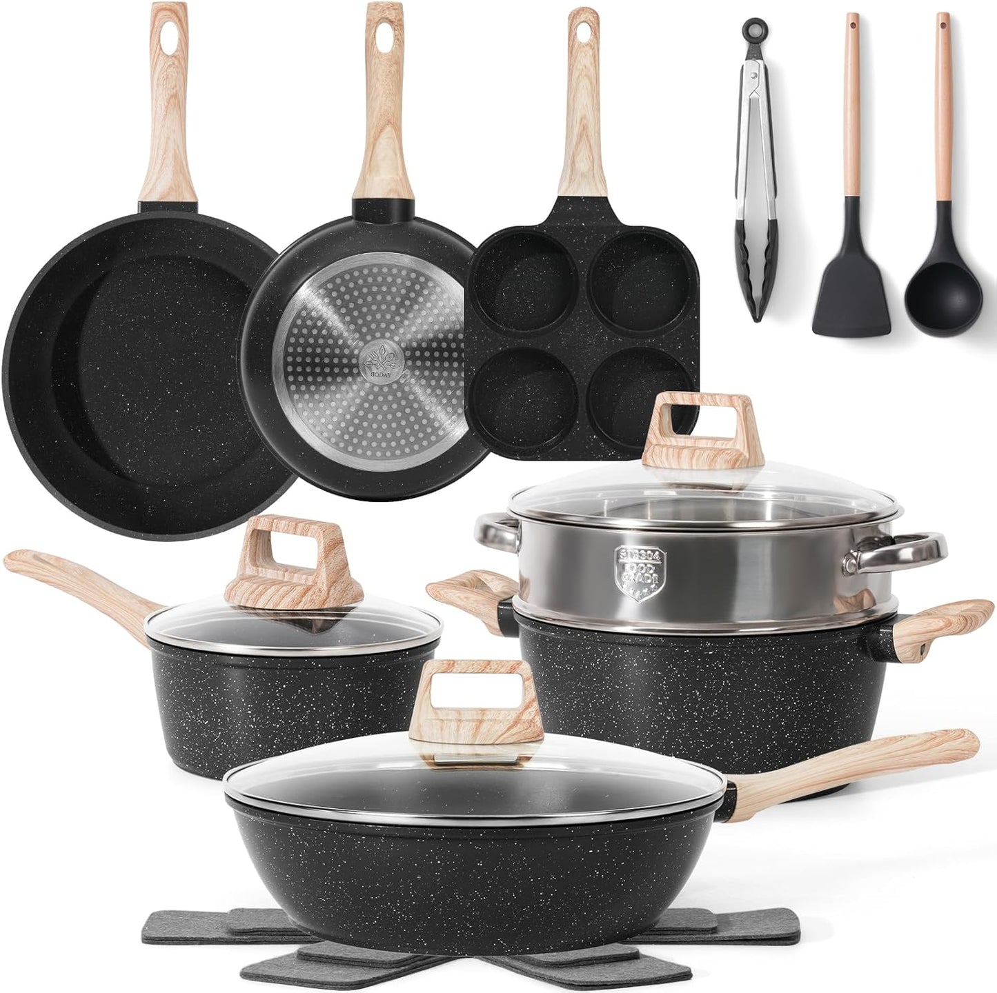 17 Pcs Pots and Pans Set Non Stick Kitchen Cookware Sets Nonstick Induction Cookware Non-toxic Black Granite Cooking Tools with Stay-Cool Handles, Pot Protectors (PFOS/PFOA Free)