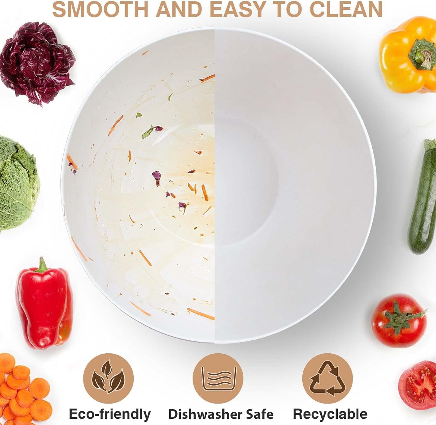 11.3" Extra Large Salad Serving Bowl Set with Wooden Lid&Utensils, 6.5Qt., Bamboo Fiber Salad Bowl with Servers for Kitchen, Lightweight Big Bowl for Mixing Salad,Fruit,Pasta - Matte White