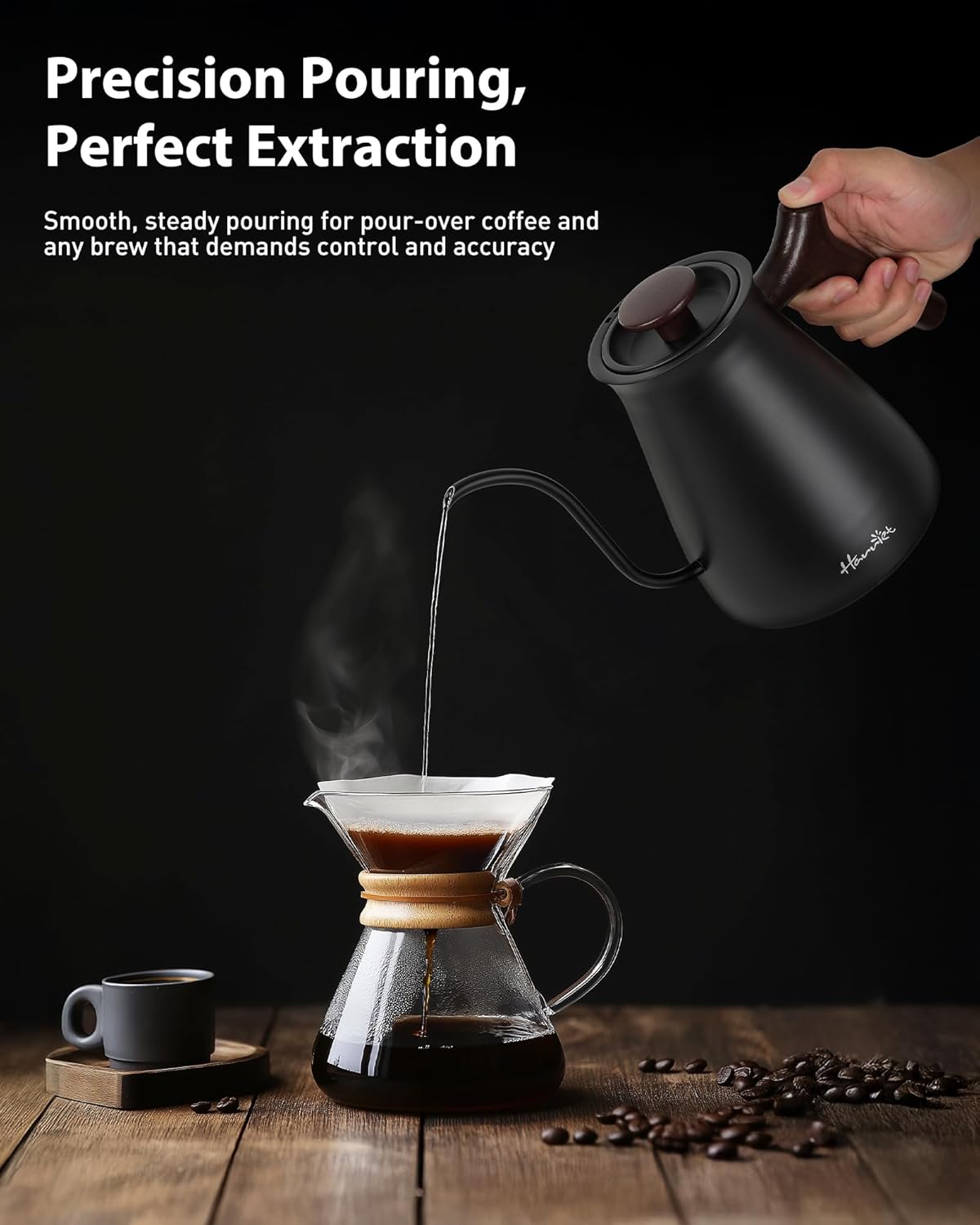 Harriet Gooseneck Electric Kettle - 1200W Fast Heat, 0.8L Stainless Steel, Precision Temp Control & Timer, Wood Handle, Pour Over Coffee and Tea, Black