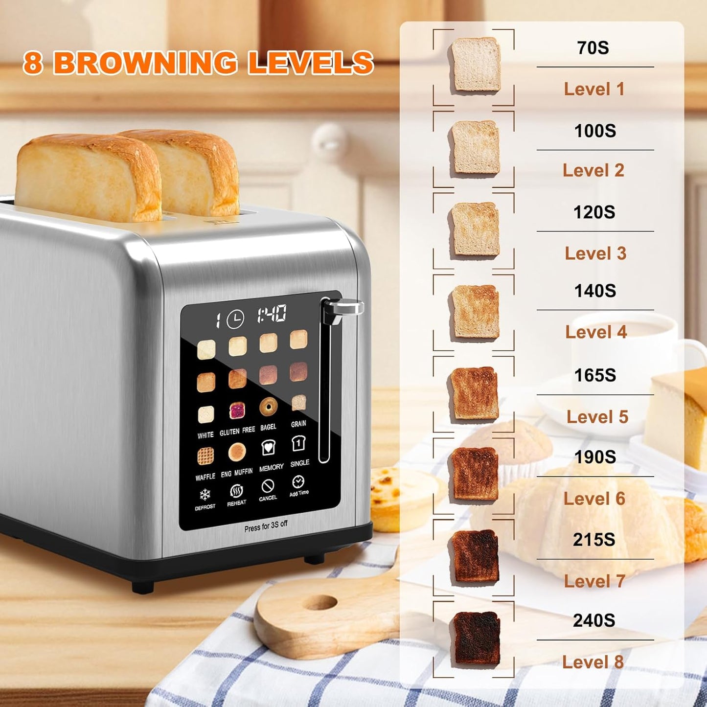 2 Slice Toaster Touch Screen, Stainless Steel Toasters Digital Timer 2 Slot Toasters, 8 Shade Settings 6 Bread Types for Bagel, Cancel, Defrost（Stainless Steel）