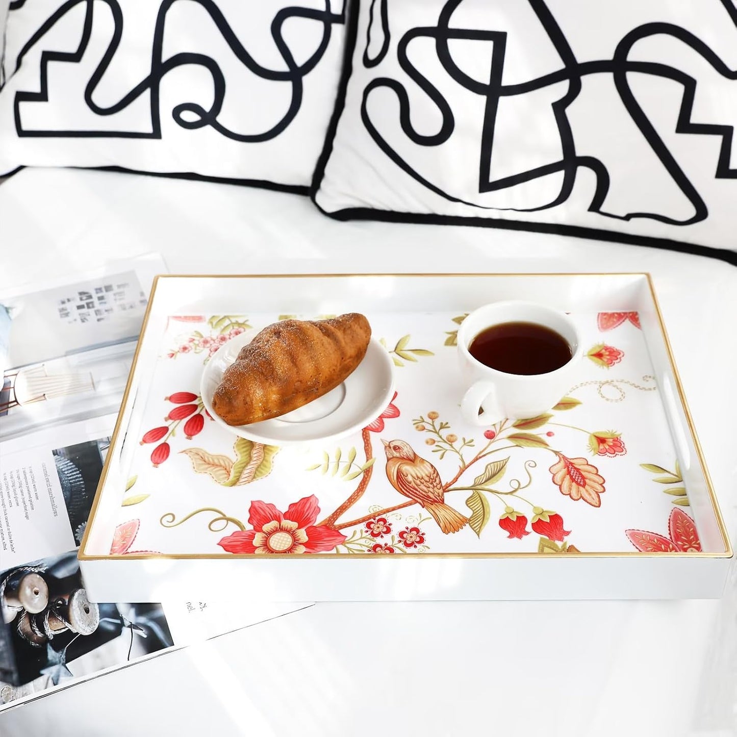 Spsyrine Decorative Serving Tray with Handles, White Lacquered Coffee Table Tray for Ottoman, Rectangle Waterproof Platters for Centerpieces, Parties, Living Room, Kitchen Counter Organization