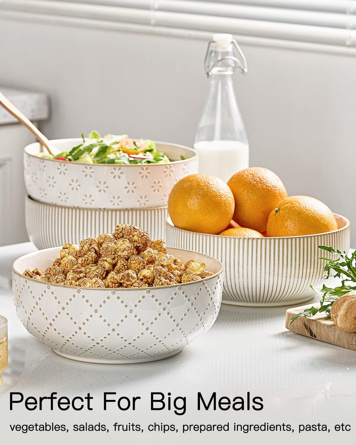 getstar Large Serving Bowls (8 inch & 60 fl oz), Ceramic Salad Bowl Set of 2, Microwave and Dishwasher Safe, Farmhouse Kitchen Decorative Bowls Set (Embossed Checks & Stripes)