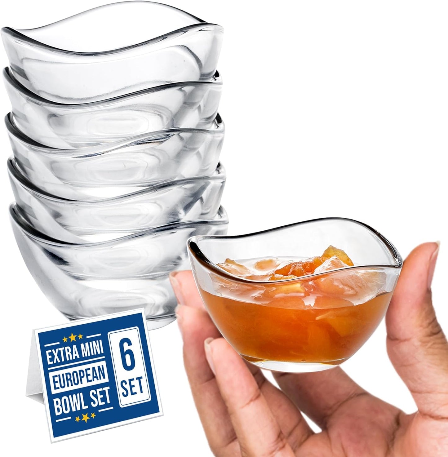 Volarium Mini Glass Prep Bowls Set of 6, 2 1/4 oz Capacity, Modern Style, Round Glass Bowl Set, Condiment & Spice Bowls, Transparent, Dishwasher & Microwave Safe