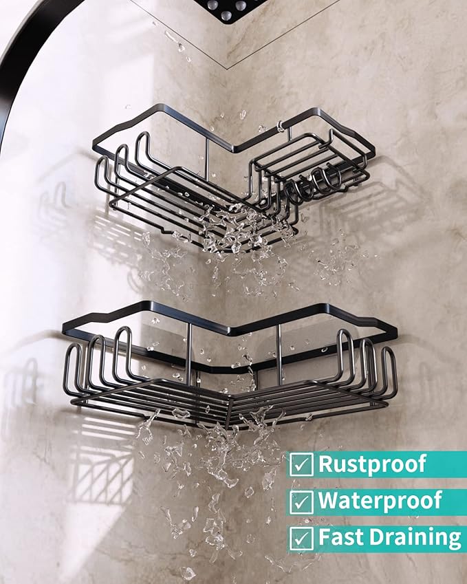 HapiRm Corner Shower Caddy with Shampoo Holder, 2-Pack Shower Organizer Shower Storage Shelf with 11 Hooks, No Drilling Rust Proof Stainless Steel Corner Shower Shelf with 6 Pack Adhesives (Black)