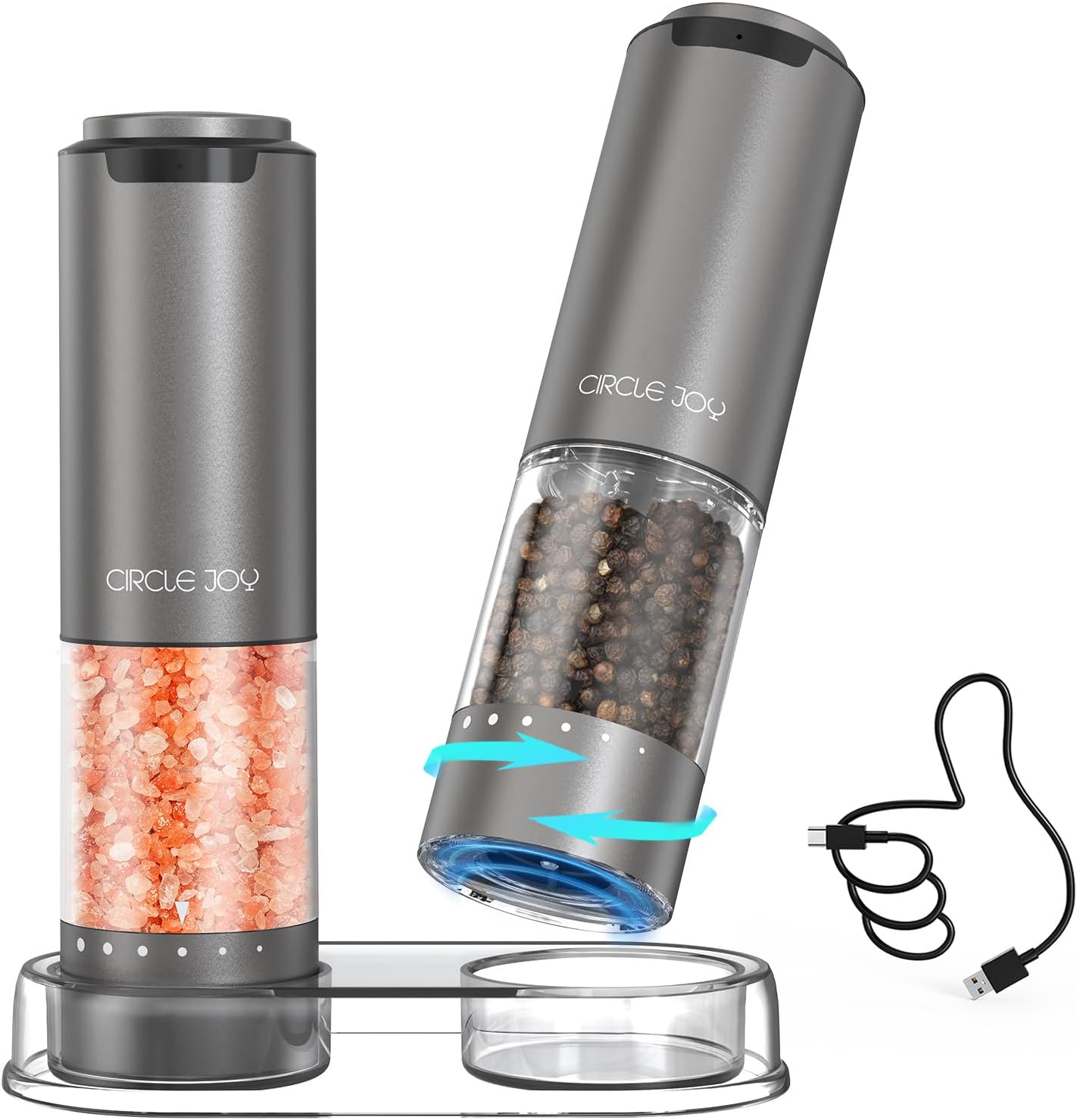 CIRCLE JOY Rechargeable Electric Salt and Pepper Grinder Set with Base, Aluminum Alloy Pepper Mills with 95ml Container, White LED Light and External Adjustable Coarseness, Space Grey