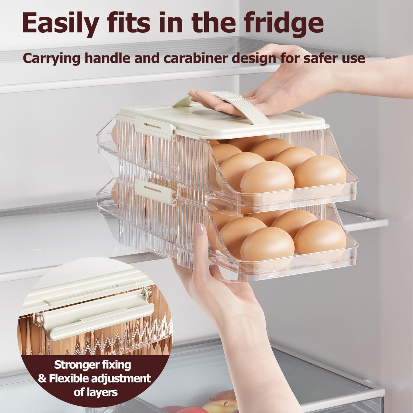Automatic Rolling Egg Holder for Fridge, Clear Plastic Egg Organizer with Handle for Refrigerator, Egg Container for Kitchen Storage, 1 Row 2 layers
