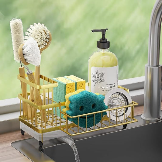 Consuemst Sponge Holder for Kitchen Sink - Auto Draining Sink Caddy Organizer with Detachable Rack, High Brush Holder, Kitchen Countertop Storage Accessories, Gold