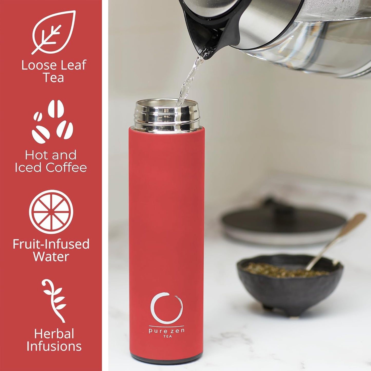 Pure Zen Tea Thermos with Infuser for Hot and Cold Infusions - Stainless Steel - Tea Infuser Bottle - Leakproof Travel Mug with Filter - 15oz - Red