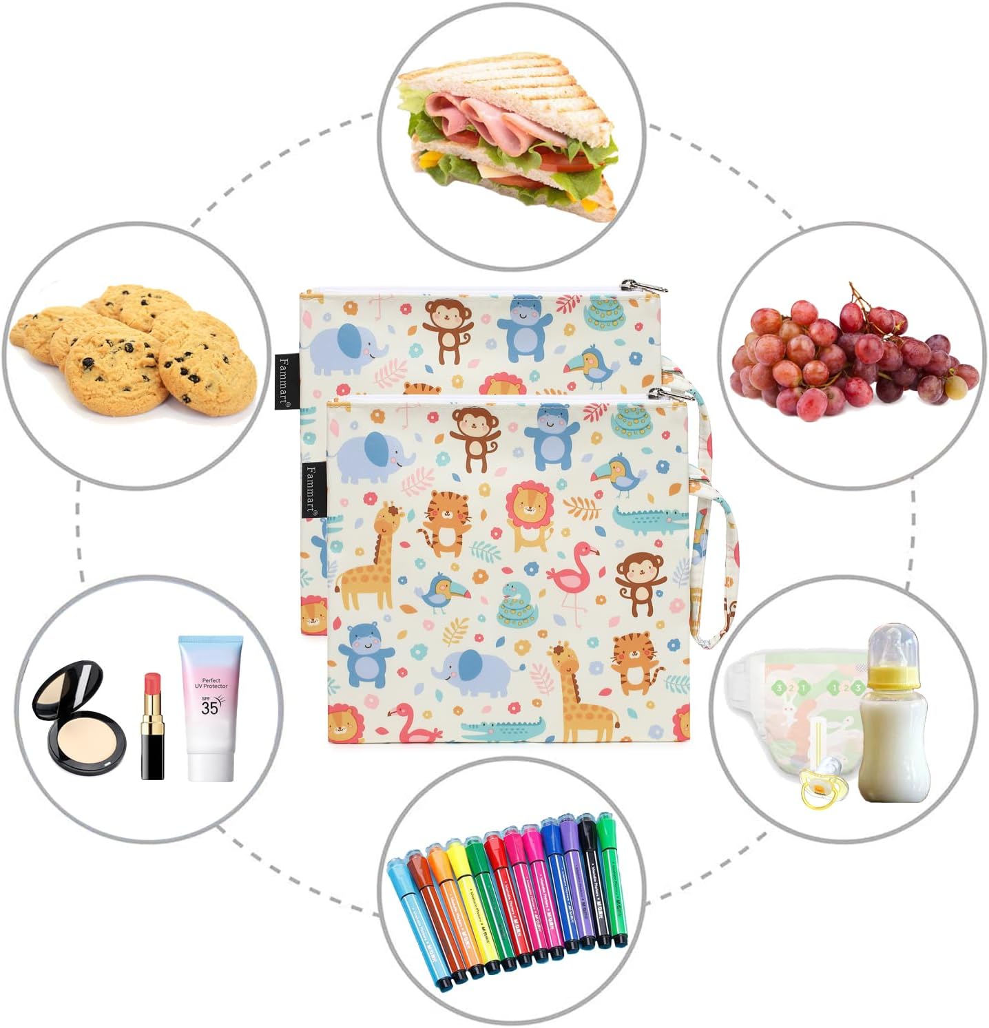 Reusable Sandwich Bag/Snack Bag for Kids & Adults, Dual Layer Lunch Bag with Handle, Washable, Food Safe, BPA Free (2-Pack, Zoo)