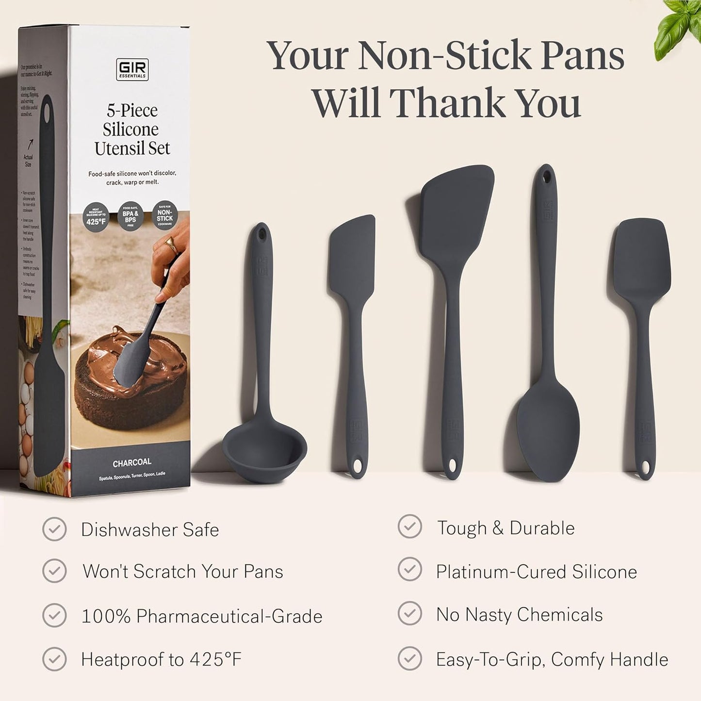 GIR: Get It Right 5 Piece Silicone Essentials Kitchen Utensils Set - Ladle, Spatula, Flip, Spoon & Spoonula - Non-Toxic Cooking Utensils for Nonstick Cookware, Cooking and Baking - Charcoal