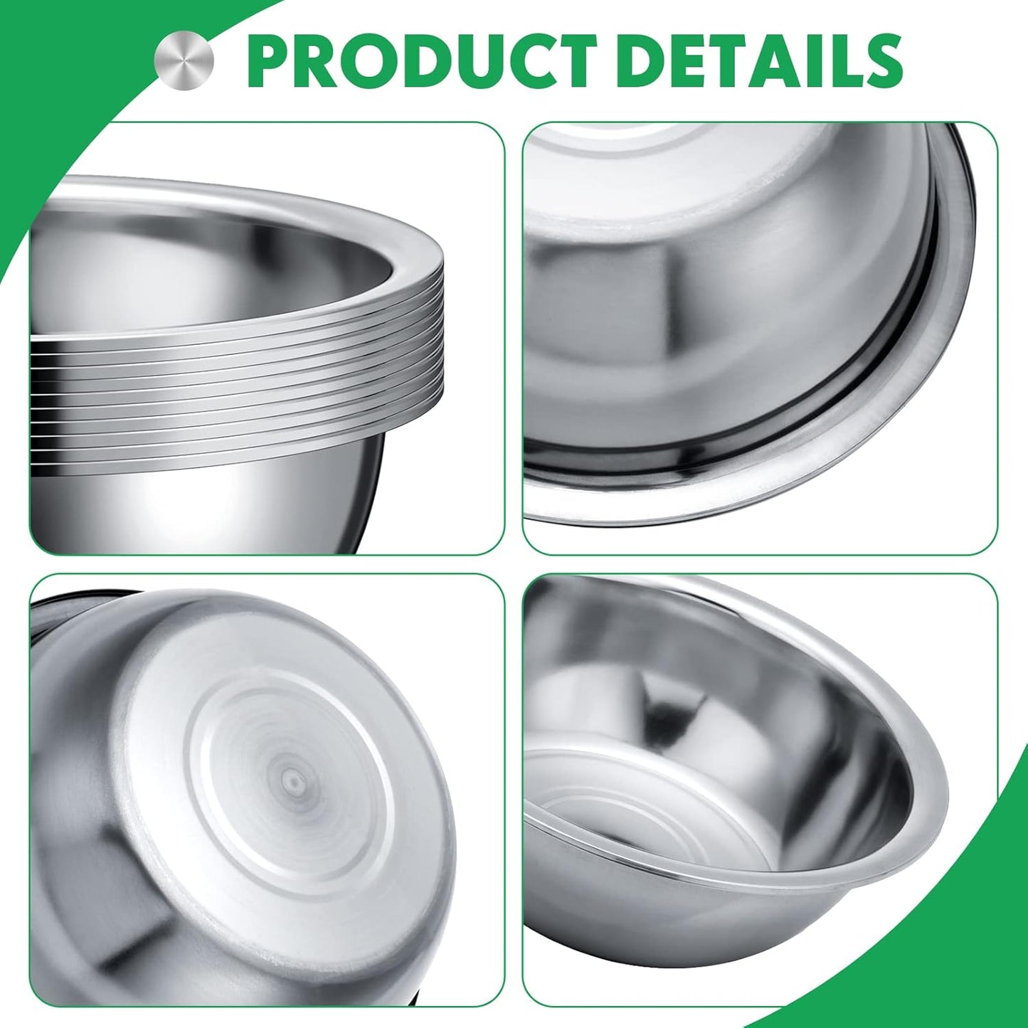 Pinkunn Set of 12 Stainless Steel Mixing Bowls, Nesting Metal Prep Salad Bowl Bulk Kitchen Large Reusable Baking Food Container for Hotel Restaurant Home Cooking, Silver(12.6 x 4.25 Inch)