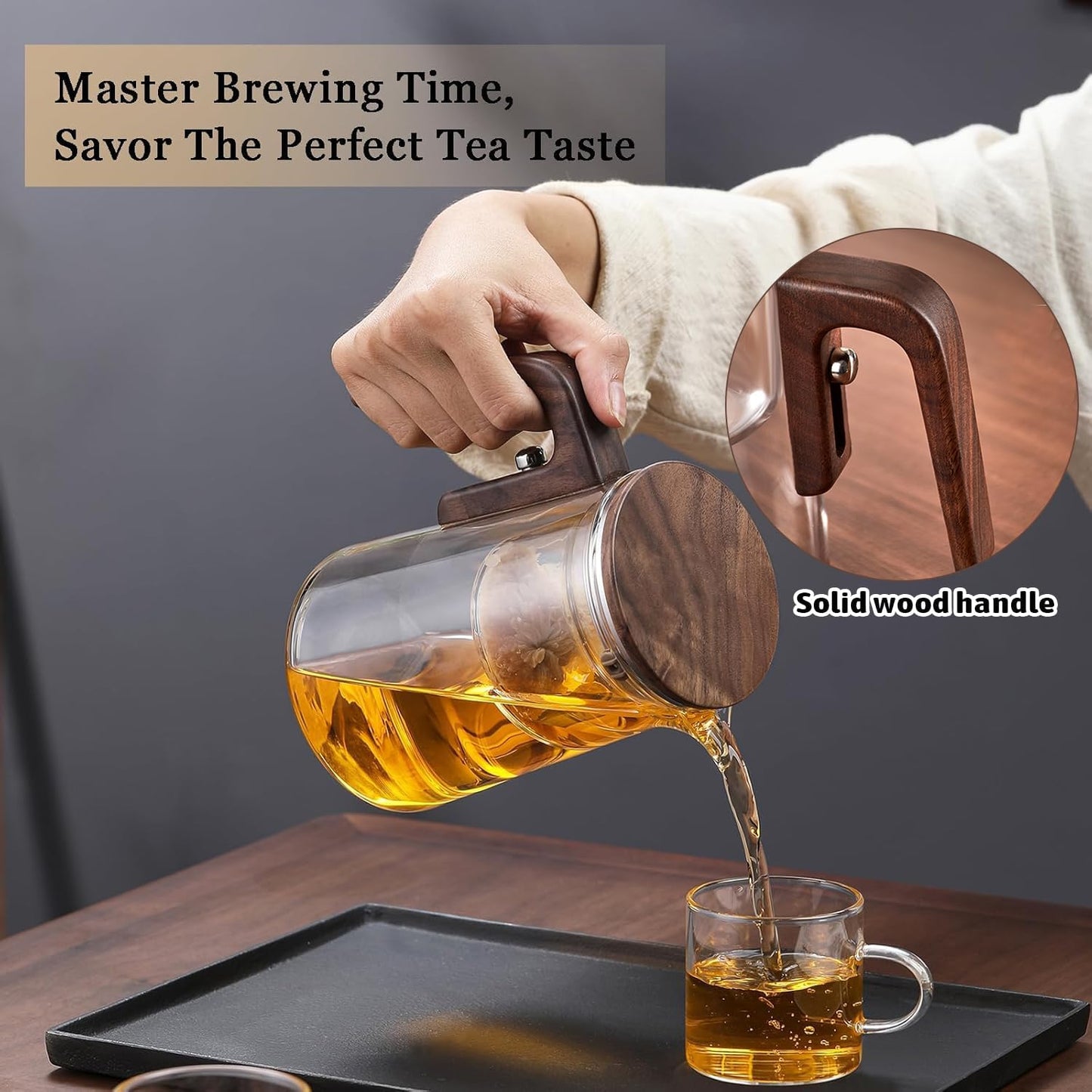 Enchanti Tea Pot - 800 ml/27.1 oz Magic Witchcraft Enchanted Glass Teapot with Strainer, Wooden Handle, Magnetic Water Separation Design, for Loose Leaf, Flower & Herbal Teas