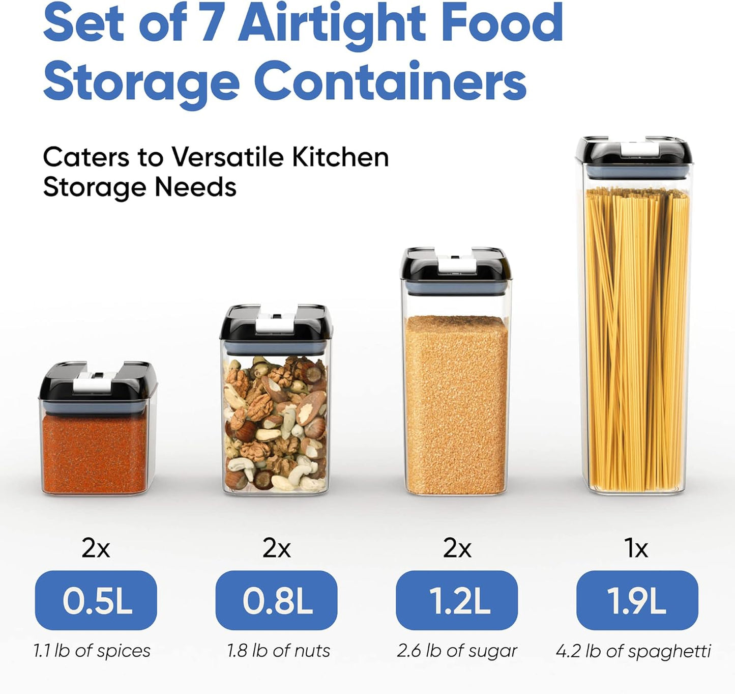 Chef's Path - Set of 7 Airtight Food Storage Containers for Kitchen Storage - Clear Plastic - Durable Strong Lids - Labels and Chalk Marker