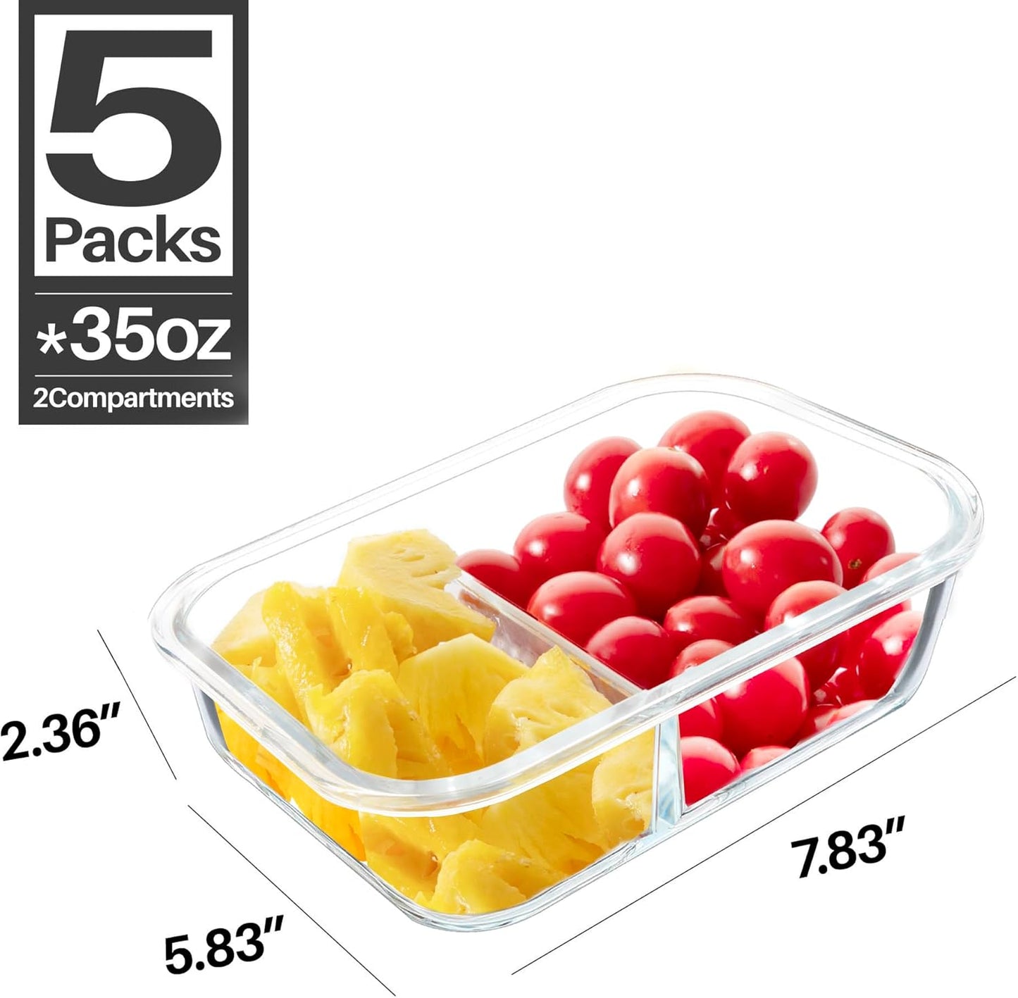 BAYZZ 5 Pack 35 Oz Glass Meal Prep Containers 2 Compartments, Glass Storage Containers with Lids, Airtight Lunch Bento Boxes, BPA-Free, Microwave and Freezer Safe,White