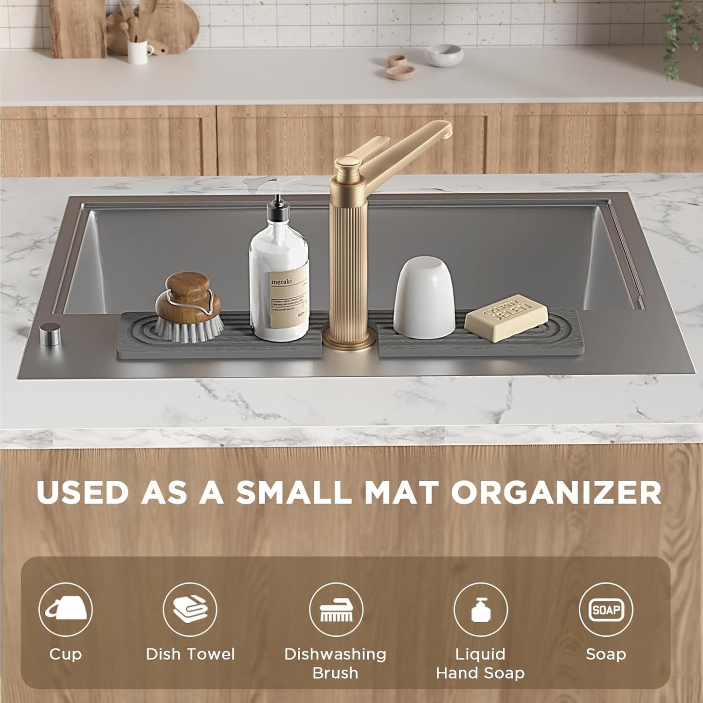 Faucet Mat for Kitchen Sink, Diatomite Stone Drying Sink Protectors, Bathroom Faucet Splash Guard, Quick Dry Water Absorbing, Non-Slip Stone Tray for Kitchen Counter, Grey, 20" x 3.9"