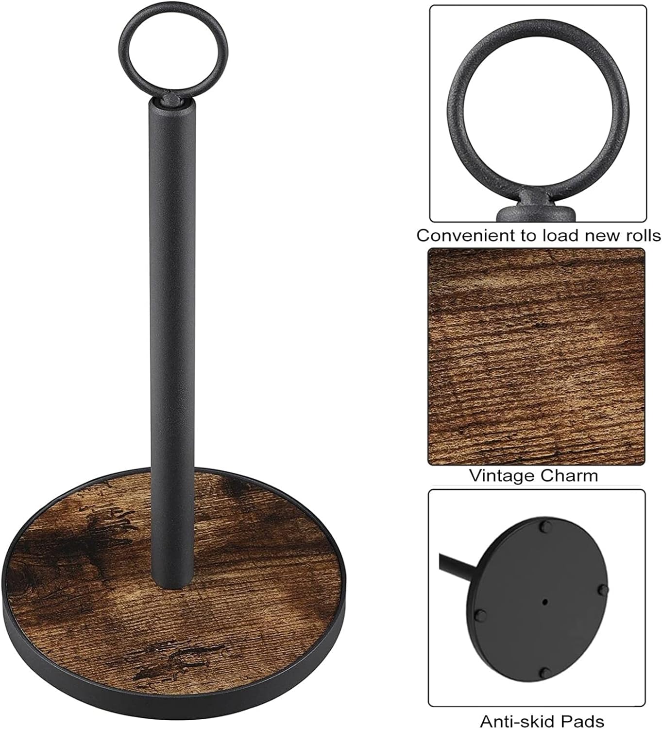 OROPY Paper Towel Holder Countertop with Heavy Duty Wood Base, Farmhouse Paper Towel Roll Stand for Kitchen Counter fits Standard and Jumbo Size Paper Towels (Brown)