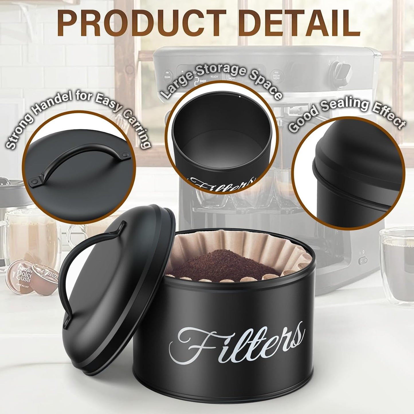 Coffee Filter Holder for Counter, Large Basket Coffee Filter Storage with Lid, Round Container for Bar Accessories Decor (Black)