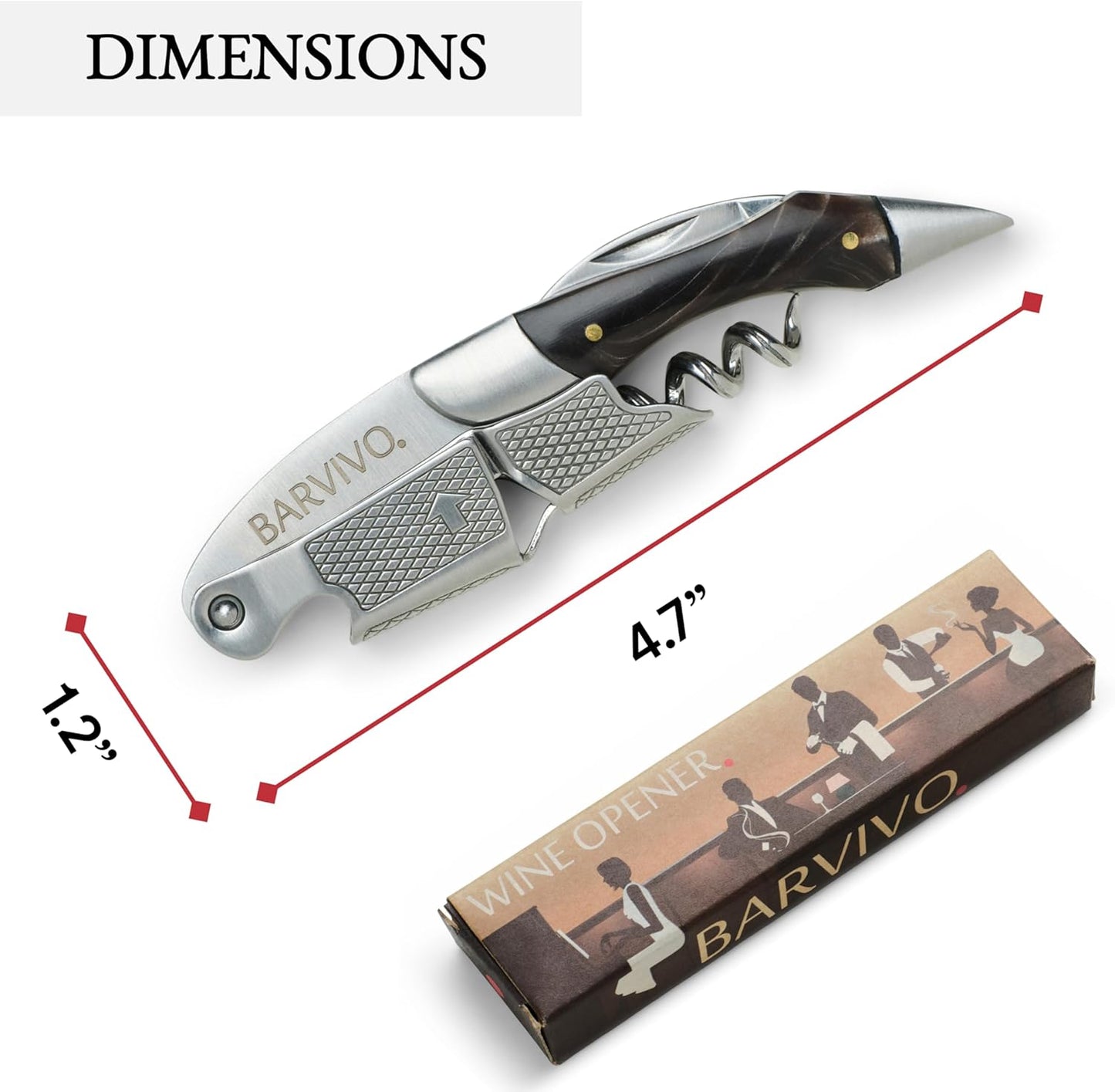 Barvivo Wine Opener with Foil Cutter and Cap Remover - Double Hinged Corkscrew for Bartenders - Stainless Steel Wine Key for Easy Bottle Opening - Manual Wine Bottle Opener - Ebony Wood, 4.7x1.2-Inch