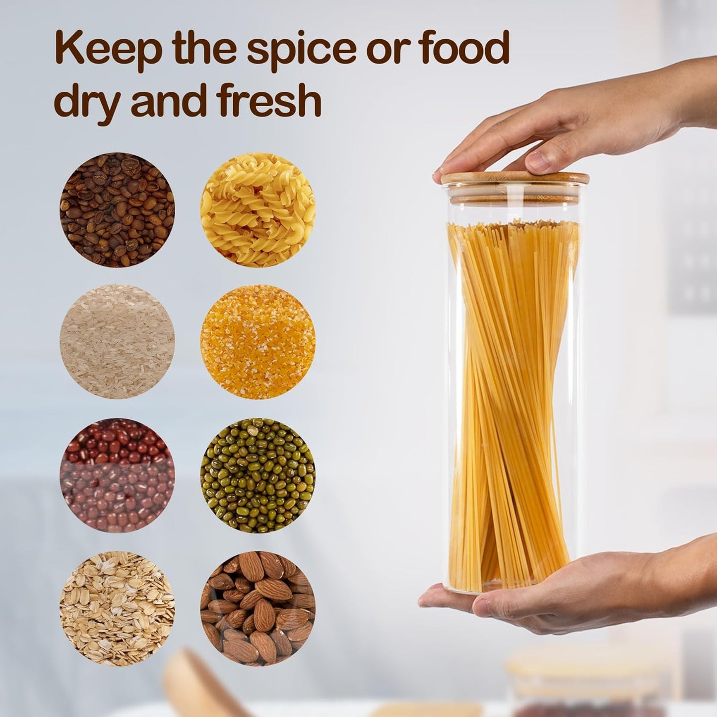 70oz Straight cylindrical Airtight Storage Jars with Bamboo Lid Set of 3 Storage Container Glass Jars, Kitchen Canister for Noodles, Pasta and Coffee beans (‎with Black Lable)