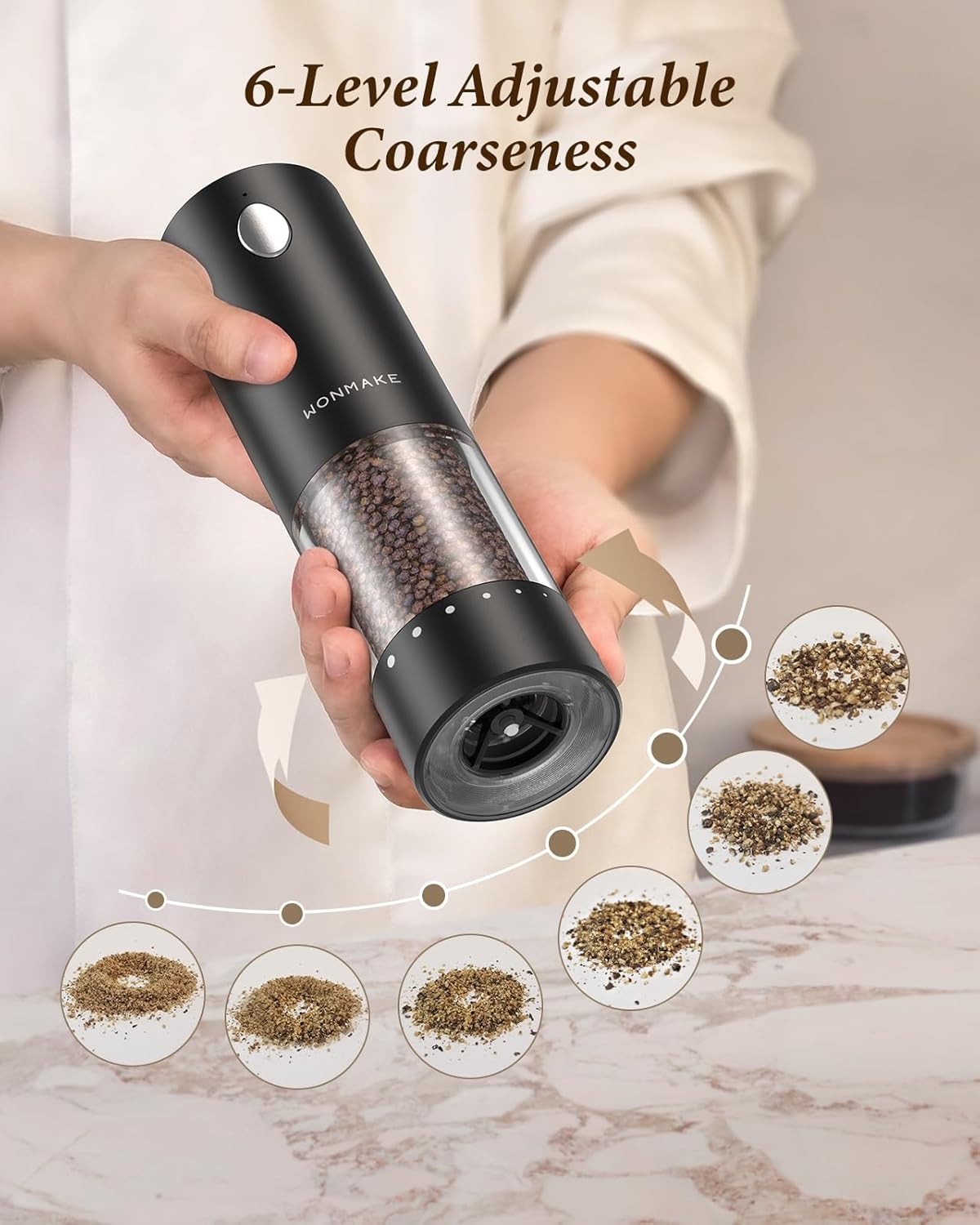 Electric Salt and Pepper Grinder Set - Automatic Refillable Salt and Pepper Grinders with Charging Base & LED Light, 6-Level Adjustable Coarseness with External Dial, Ideal Kitchen Gadget