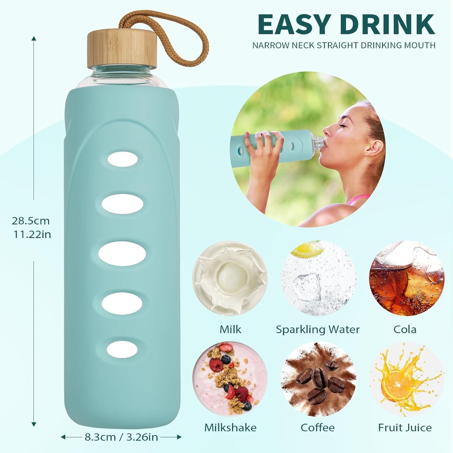 Sport 32oz Glass Water Bottle 1000ml /1 liter Borosilicate Glass Water Bottle Reusable Waterbottle Jugwith Silicone Sleeve and Unique Lid (Cyan