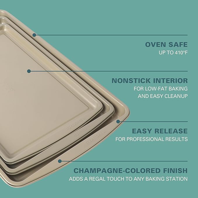 Gibson Home Lyneham 3 Piece Carbon Steel Nonstick Kitchen Baking Pans/Cookie Sheet Bakeware Set, Premium PFA Nonstick Material - Champagne Gold