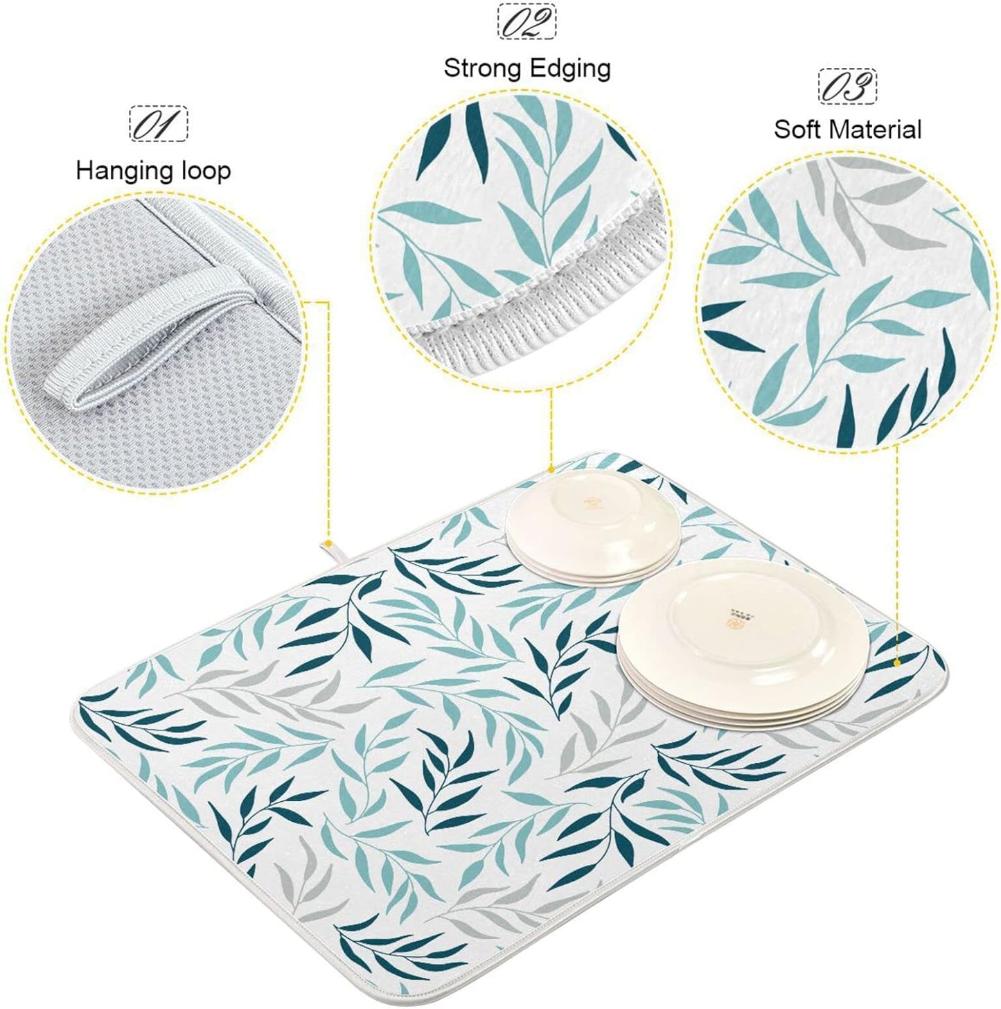 Blue Grey Olive Leaves Dish Drying Mat for Kitchen Counter Absorbent Microfiber Drying Pad, Medium 16x18 in, Reversible Drainer Mats