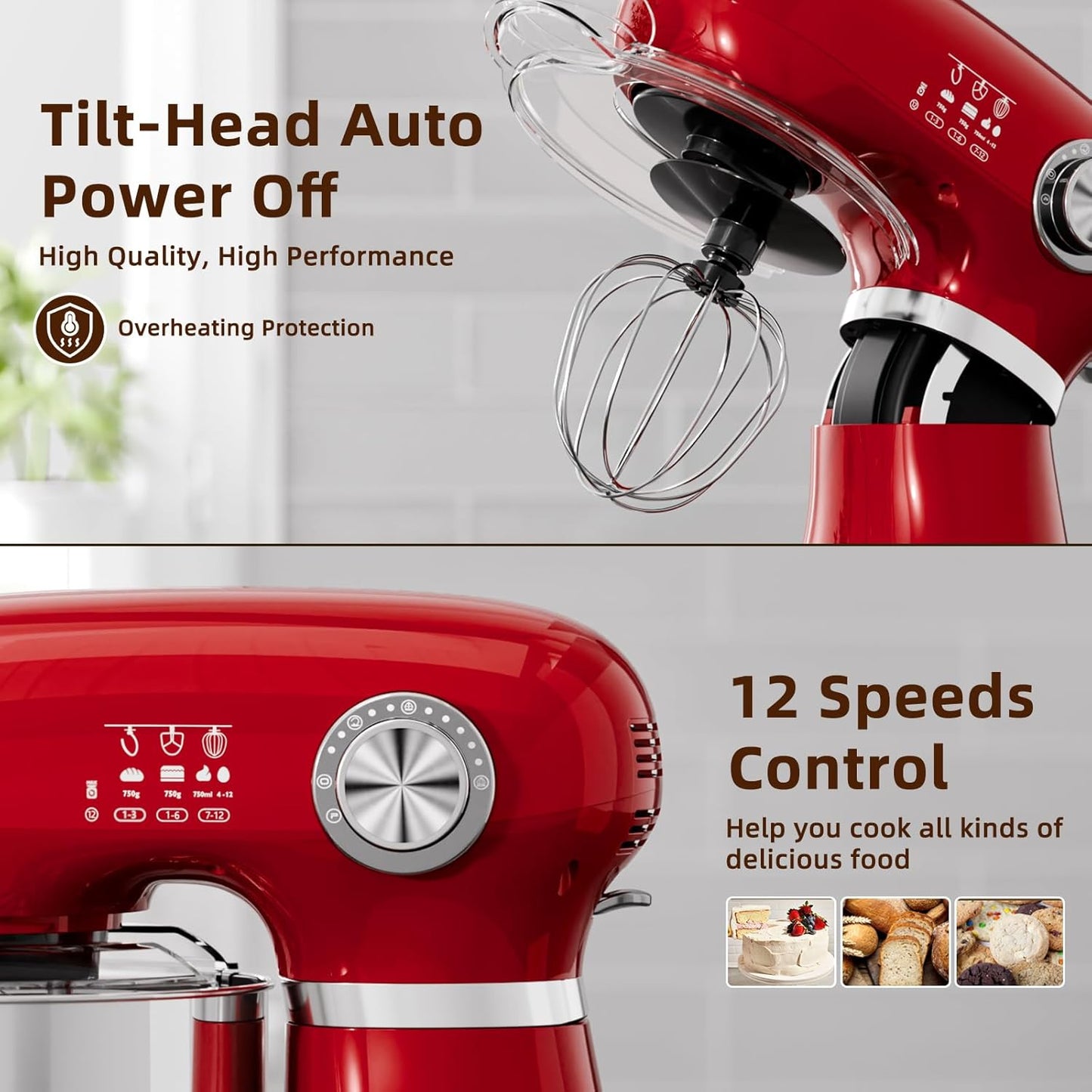 Cowsar Stand Mixer, 12 Speeds Tilt-Head Electric Commercial Stand Mixer, 3-In-1 Kitchen Mixer with Bowl, Dough Hook, Whisk and Beater, Red