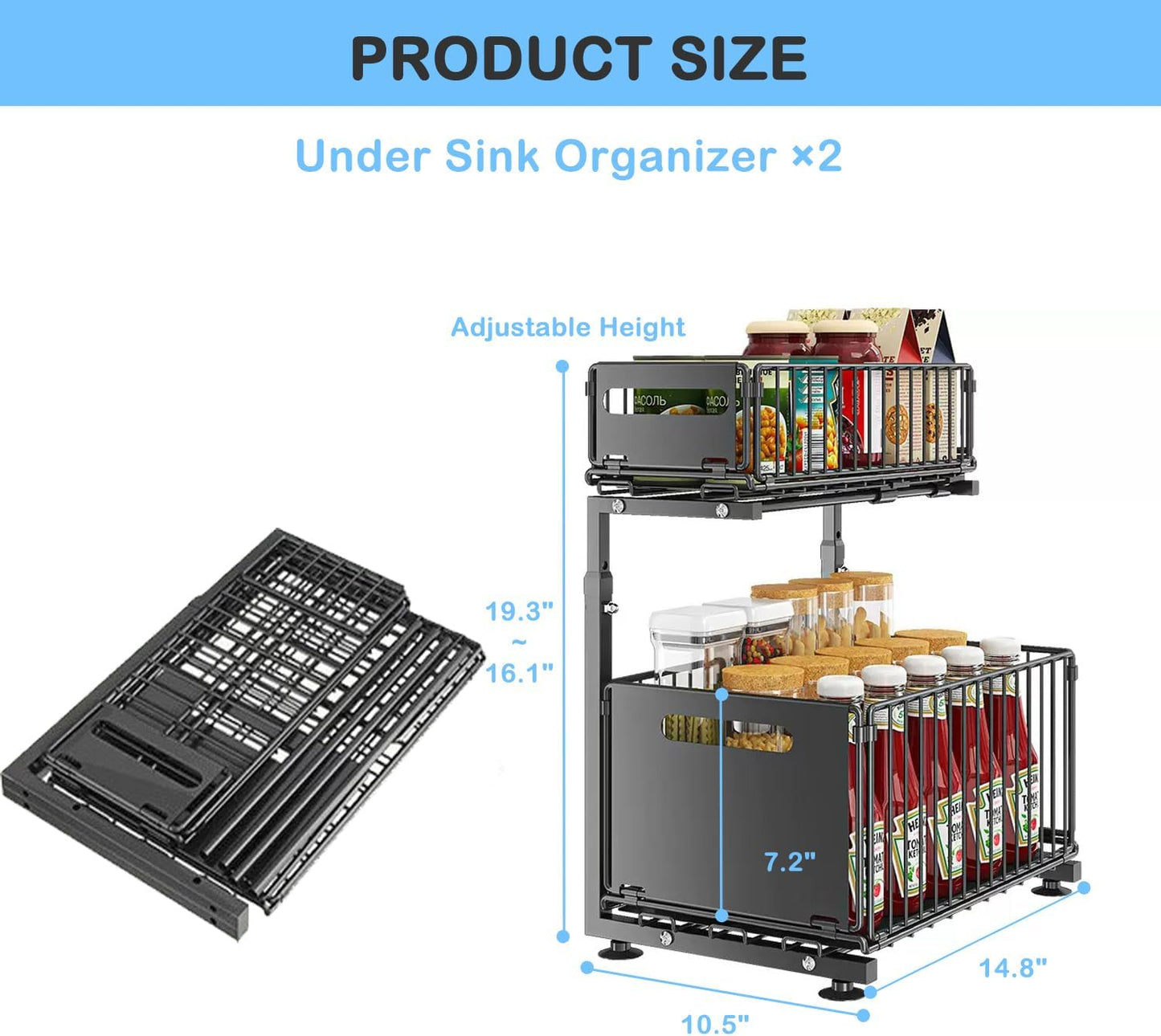 Under Sink Organizer with Adjustable Height, 2 Tier Pull Out Cabinet Design, Sliding Sink Shelf for Enhanced Storage Capacity, Counter Organizer Storage for Kitchen & Bathroom, Black, 1 Pack