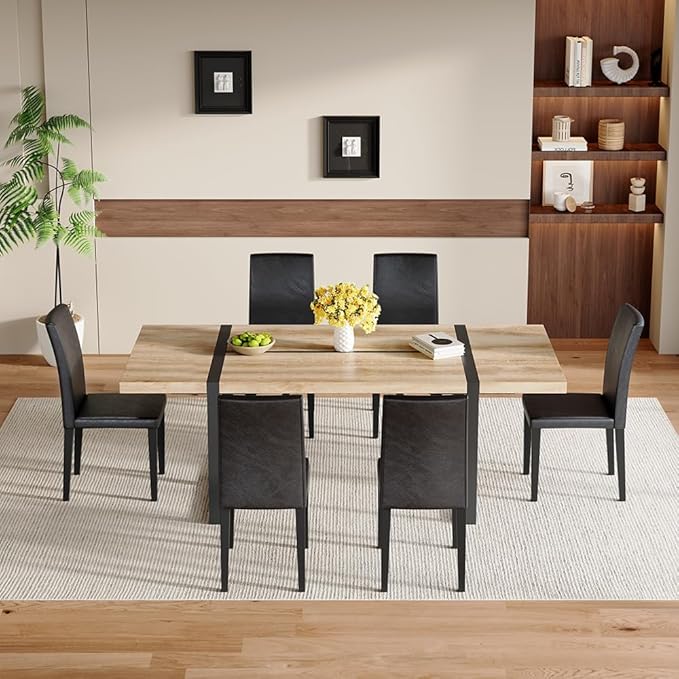 86.6" Dining Table Set for 6, Modern 7 Piece Wood Kitchen Table and Chairs Set, Rectangle Dining Room Table with 6 PU Leather Upholstered Chairs, Ideal for Apartment, Kitchen, Dining Room