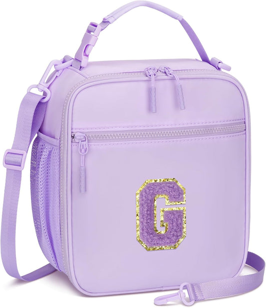 Initial Insulated Lunch Bag for Girls Kids, Back to School Gift, Reusable Leak-proof Lunch Box with Adjustable Strap for School Daycare Travel Picnic (Purple,G)