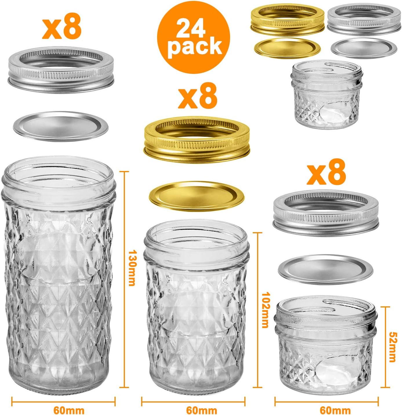 Mason Jars Canning Jars, 24 Pack Jelly Jars With Regular Lids, Ideal for Jam, Honey, Wedding / Shower Favors, DIY Magnetic Spice Jars - 4 OZ x 8, 8 OZ x 8, 12 OZ x 8 (4oz -8oz-12oz)