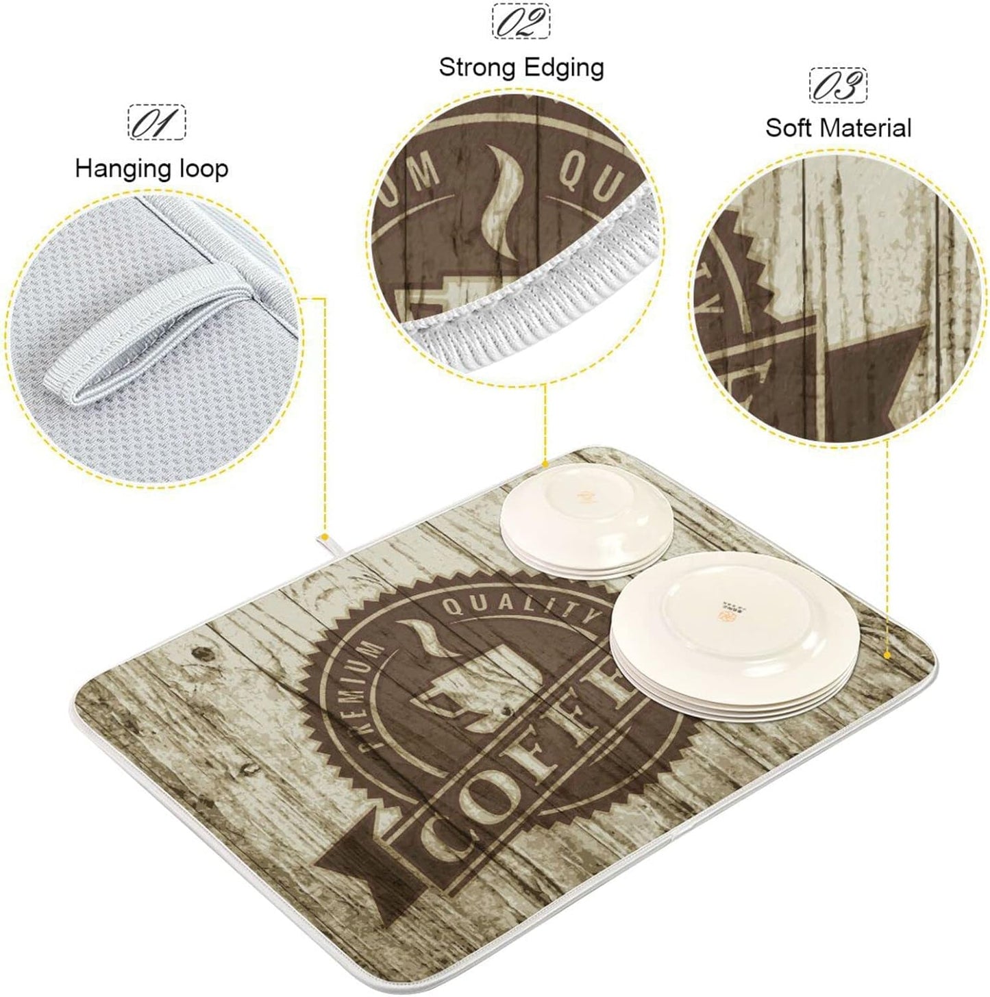 senya Super Absorbent Dish Drying Mat, Microfiber Fast-Drying Dish Mat, 24'' x 18'', Kitchen Dish Drying Pad, Retro Coffee Old Beans Vintage Wood, (g289343235p523c558s1114)