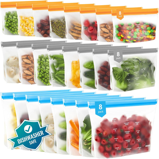 Dishwasher Safe Reusable Storage Bags Stand Up - BPA Free Reusable Sandwich Bags - Leakproof Gallon Freezer Bags, Silicone Food Storage Bag - Multicolor 8 Gallon + 8 Sandwich + 8 Snack Bags