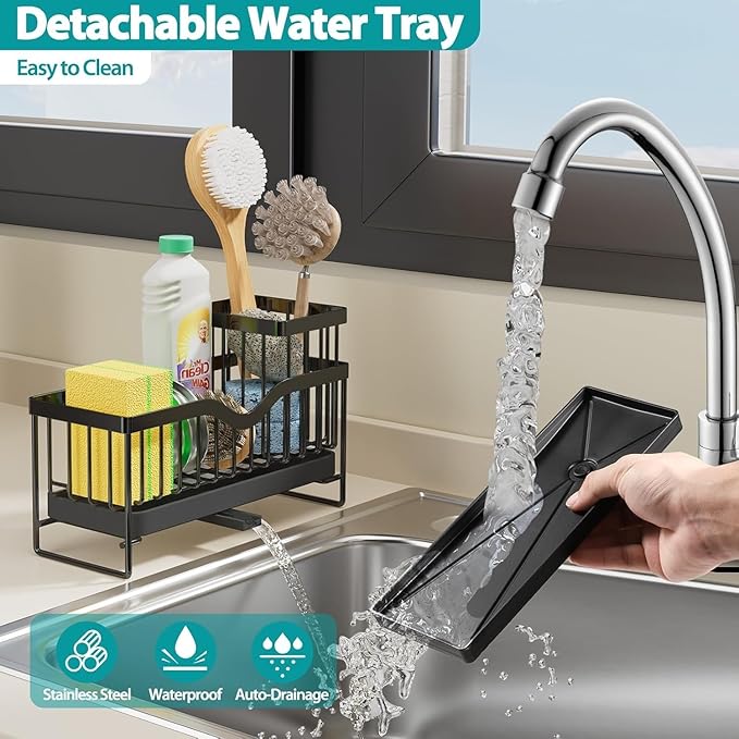Generic Sink Caddy Organizer, Black Metal Kitchen Counter Sponge Holder with 360° Auto-Drain Tray, 9.8x3.9 Inch, 2-Compartment Storage for Cleaning Supplies