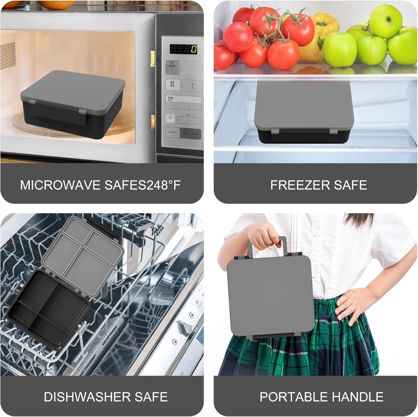 Bento Lunch Box with 8oz Soup Thermo, Kids Leakproof Lunch Food Containers with 4 Compartment, Kids Thermo Insulated Hot Food Jar for School, Trvael (Grey)