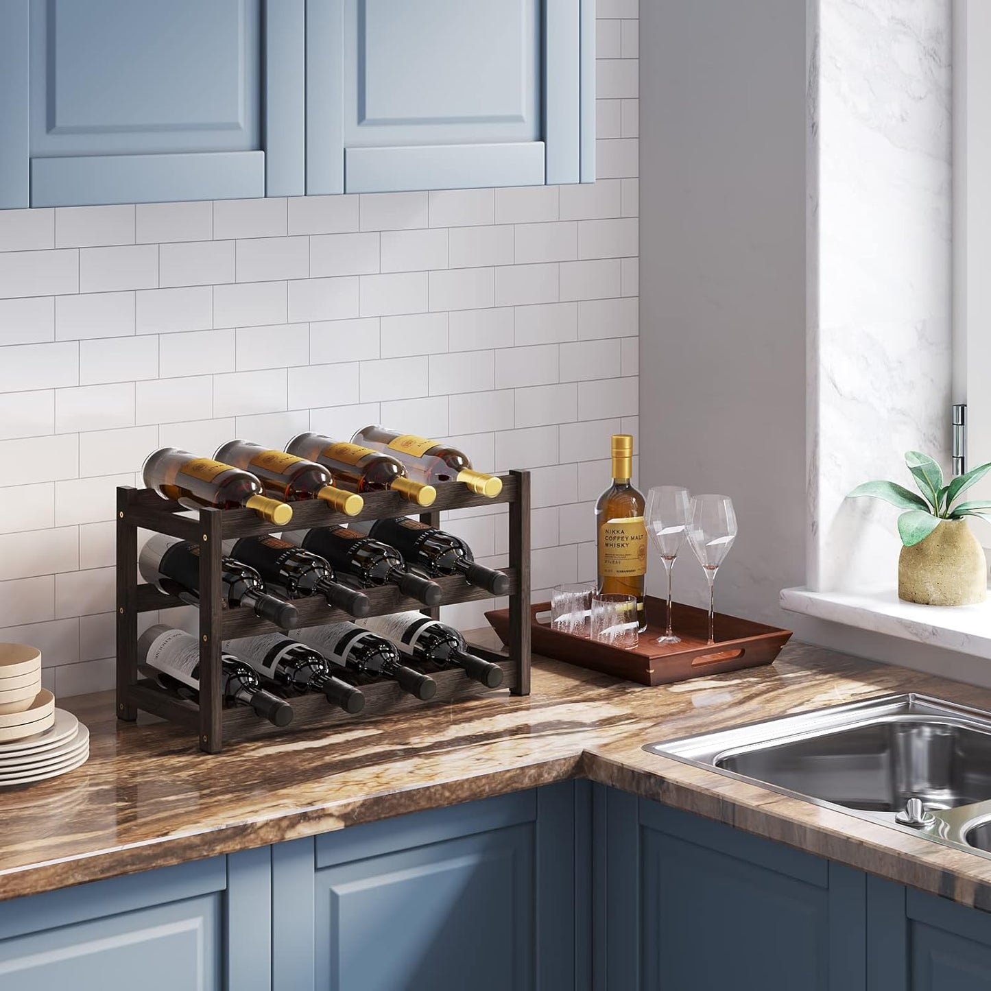 BAMEOS Bamboo Wine Rack Storage, 3 Tier Wine Racks Countertop, Wine Rack Freestanding Floor Wine Holder Cabinet for Kitchen, Bar, Pantry, Wine Cellar, Basement,Study (16.85 L x 9.25W x 12H)