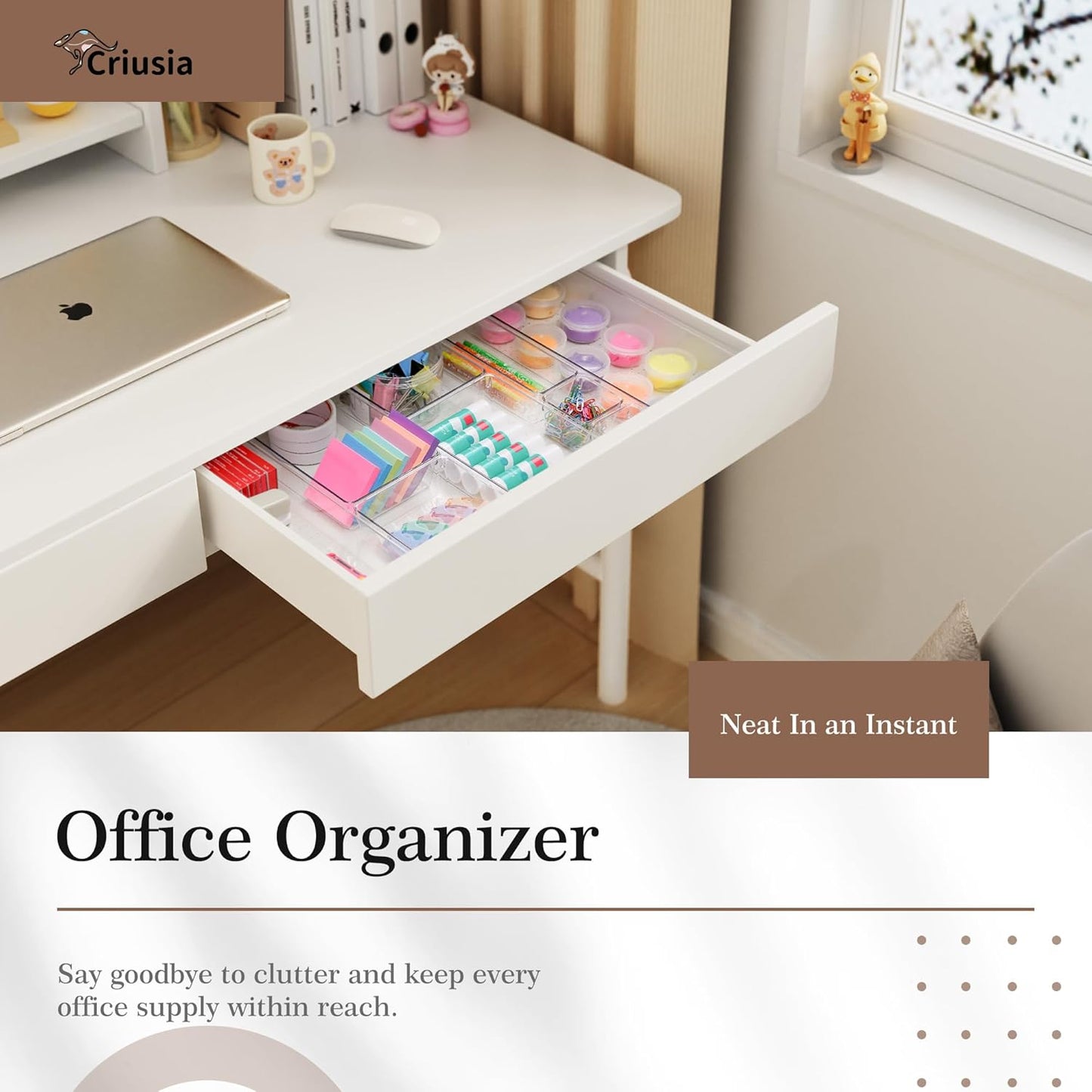 Criusia Clear Drawer Organizer 7 PCS - 5 Size Plastic Versatile Kitchen and Bathroom Organizer Trays, Non-Slip Storage Bins for Makeup, Utensils, Tool and Office Desk