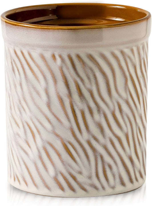 HVH Kitchen Utensil Holder for Countertop, 6 x 7 inch Large Utensils Holder, Ceramic Utensil Crock, Farmhouse Kitchen Décor, Big Utensil Holder, Deep and Heavy, Texture (Sand Color)