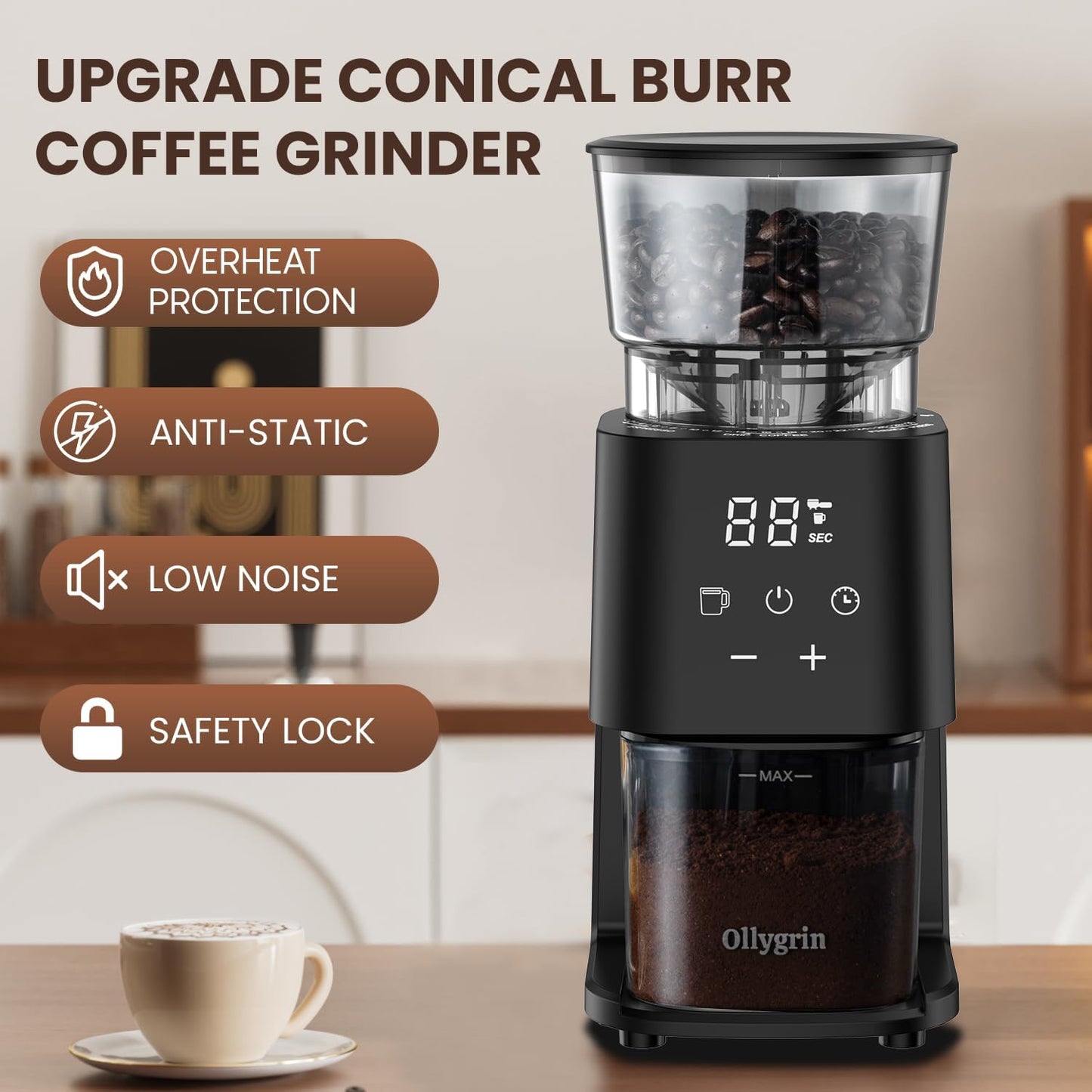 Conical Burr Coffee Grinder with Touch Panel, Adjustable Coffee Bean Grinder with 30 Grinding Settings,2-12 Cups for Espresso,French Press & Drip Coffee