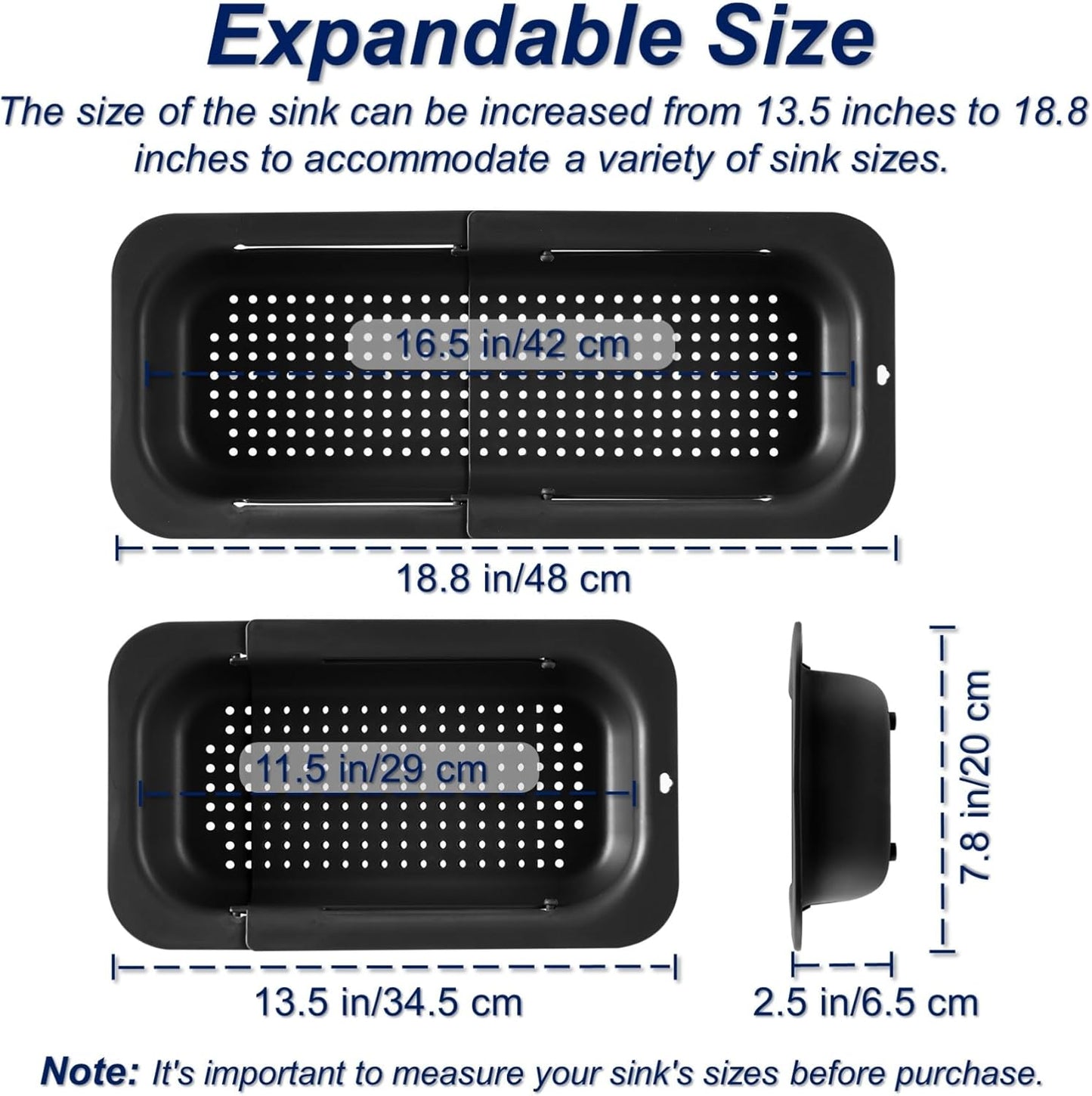 Extendable Sink Colander Strainer Basket - Wash Vegetables and Fruits, Drain Cooked Pasta and Dry Dishes - Adjustable Over the Sink Colander Collapsible Drainer Basket - Black