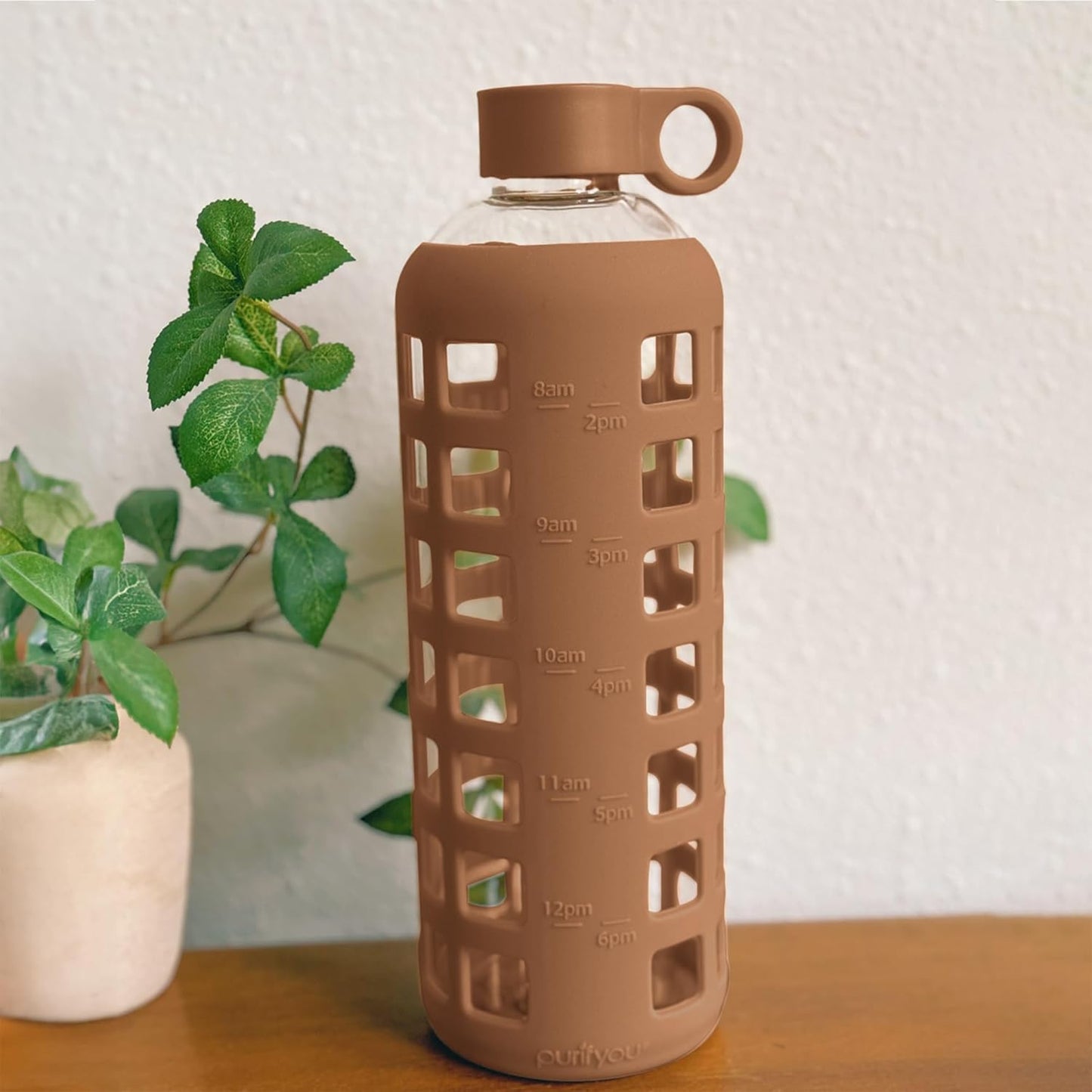 purifyou 40oz / 32oz / 22oz / 12oz Borosilicate Glass Water Bottle with Time & Volume Markers, Silicone Sleeve, Stainless Steel Lid – Reusable Glass Bottle for Water & Juice (40oz Iced Coffee)