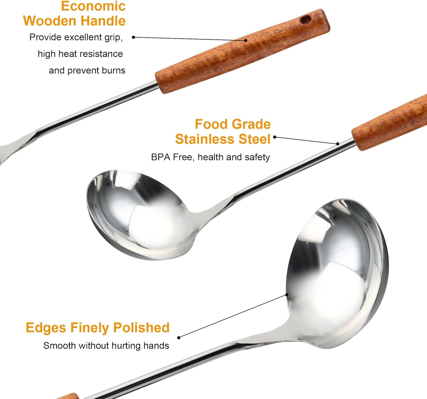 FJNATINH Soup Ladle, Food Grade Stainless Steel Ladle, Cooking Soup Spoon Kitchen Tools with Heat Resistant Wooden Handle, 13.7 Inches