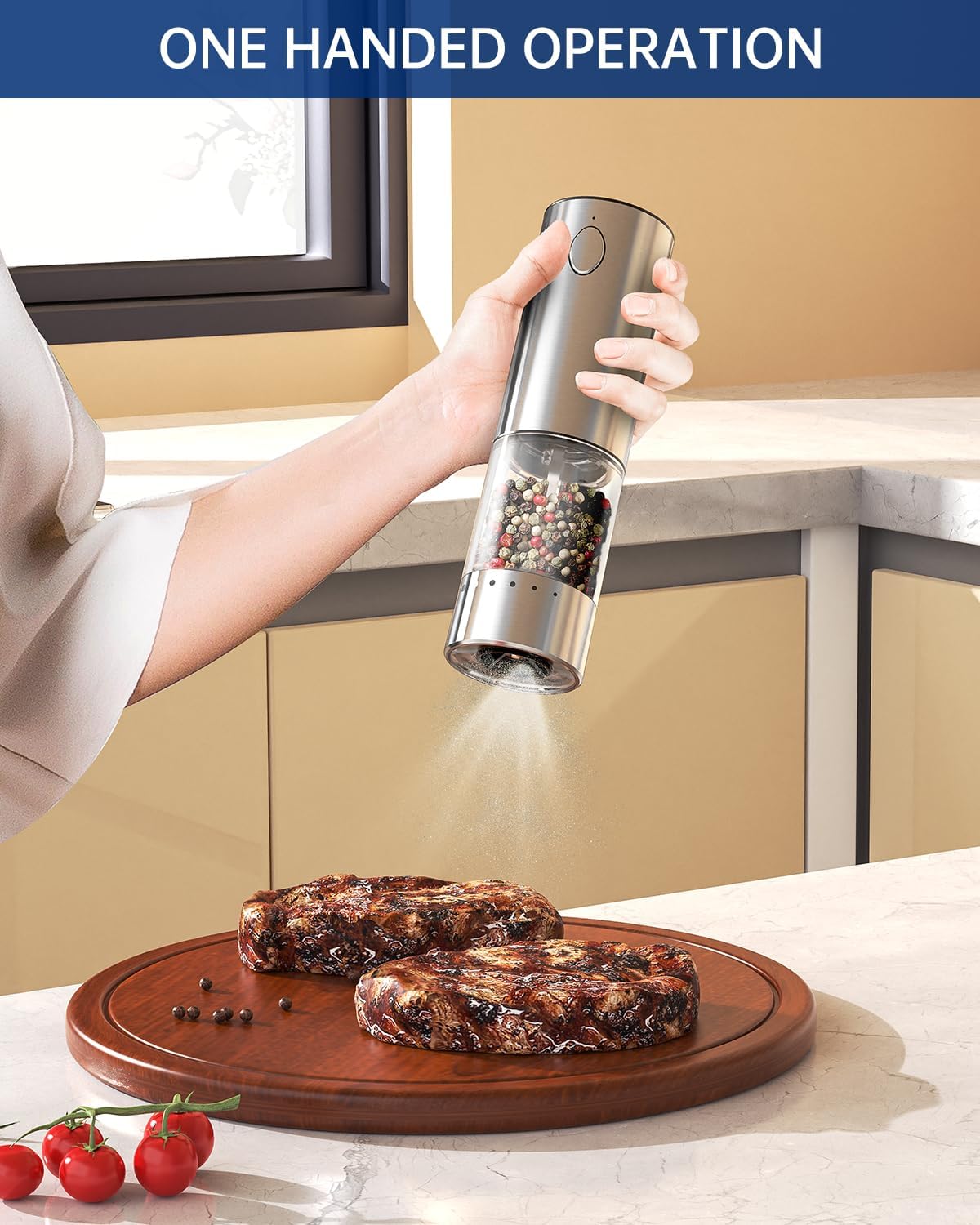 CIRCLE JOY Stainless Steel Electric Pepper Grinder, Rechargeable Pepper Mills with LED Light, 6-Level External Adjustable Coarseness for Easy Use