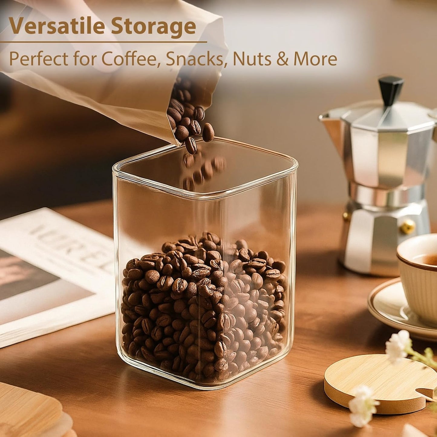 37oz Square Glass Storage Containers with Bamboo Lids – 4 Pack Clear Food Airtight Glass Jars for Pantry Organizers and Storage, Kitchen Dry Food, Coffee, Sugar, Flour, Snacks, Spices