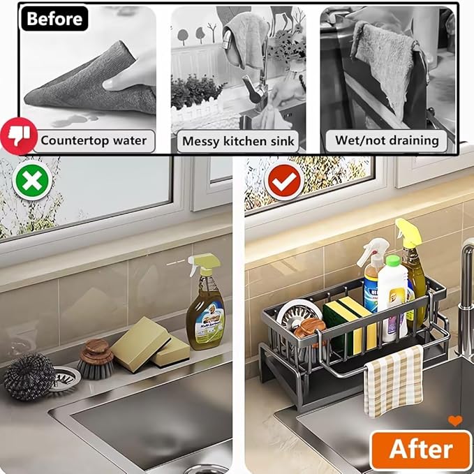 CIT ZCFY Kitchen Sink Caddy Organizers - Stainless Steel Sink Caddy with 30 Tilt Self-Drainage, Dish Brush Holder & Removable Dishcloth Rack - Gray