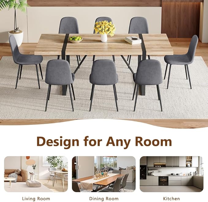 86.6" Dining Table Set for 8, Modern 9 Piece Wood Kitchen Table and Chairs Set, Rectangle Dining Room Table with 8 Linen Fabric Upholstered Chairs, Ideal for Home, Kitchen, or Apartment Dining